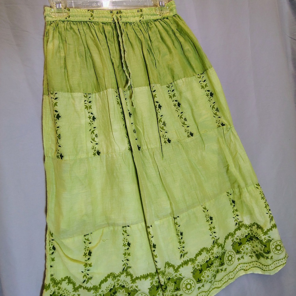Kaaku Lime Green Floral Tiered Cotton Maxi Skirt Boho Festival Cottage Core